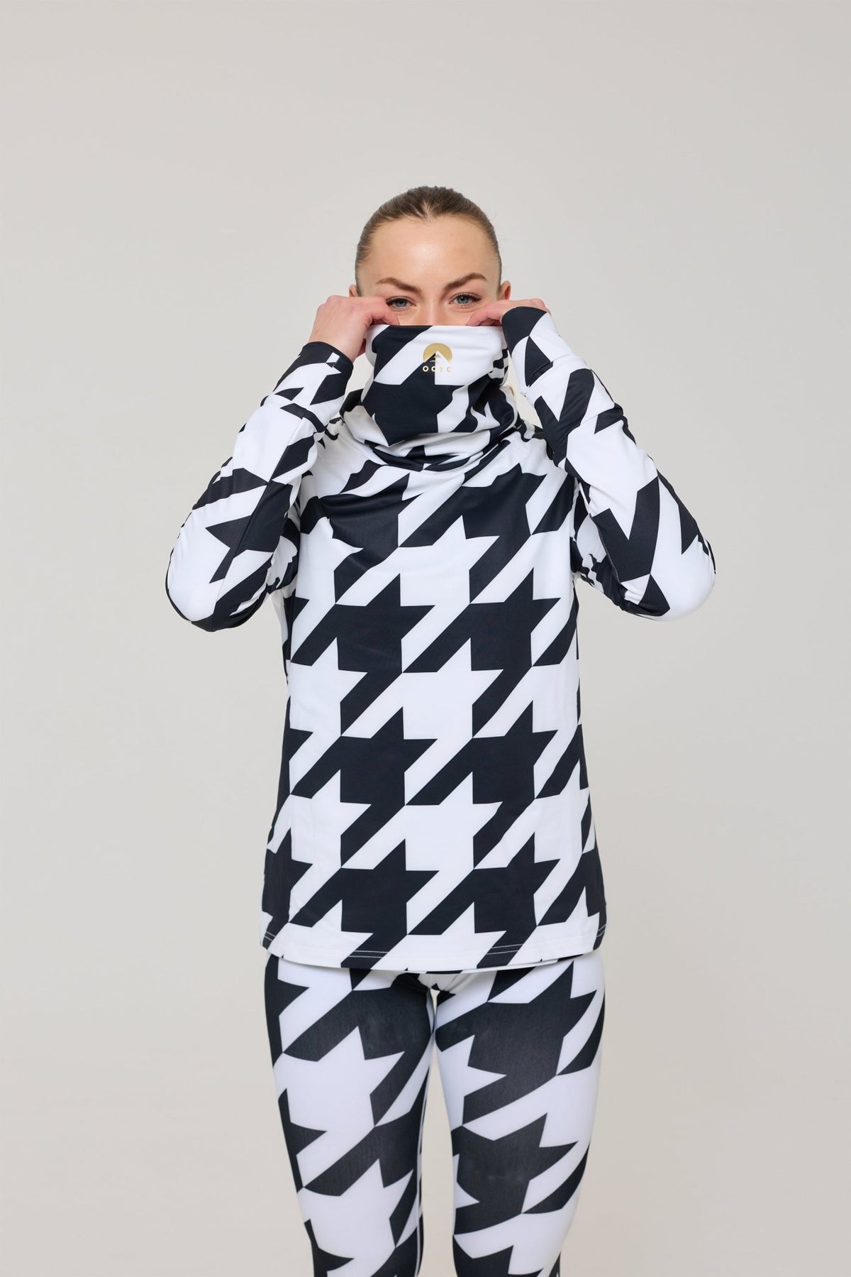 Black & White Houndstooth Women's High Neck Baselayer Top - OOSC Clothing - USA