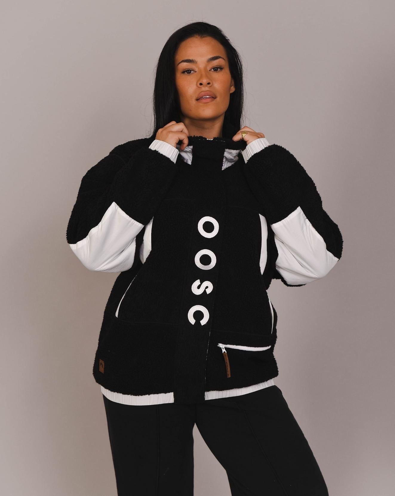Sherpa Fleece Jacket Black / White - Women's - OOSC Clothing - USA
