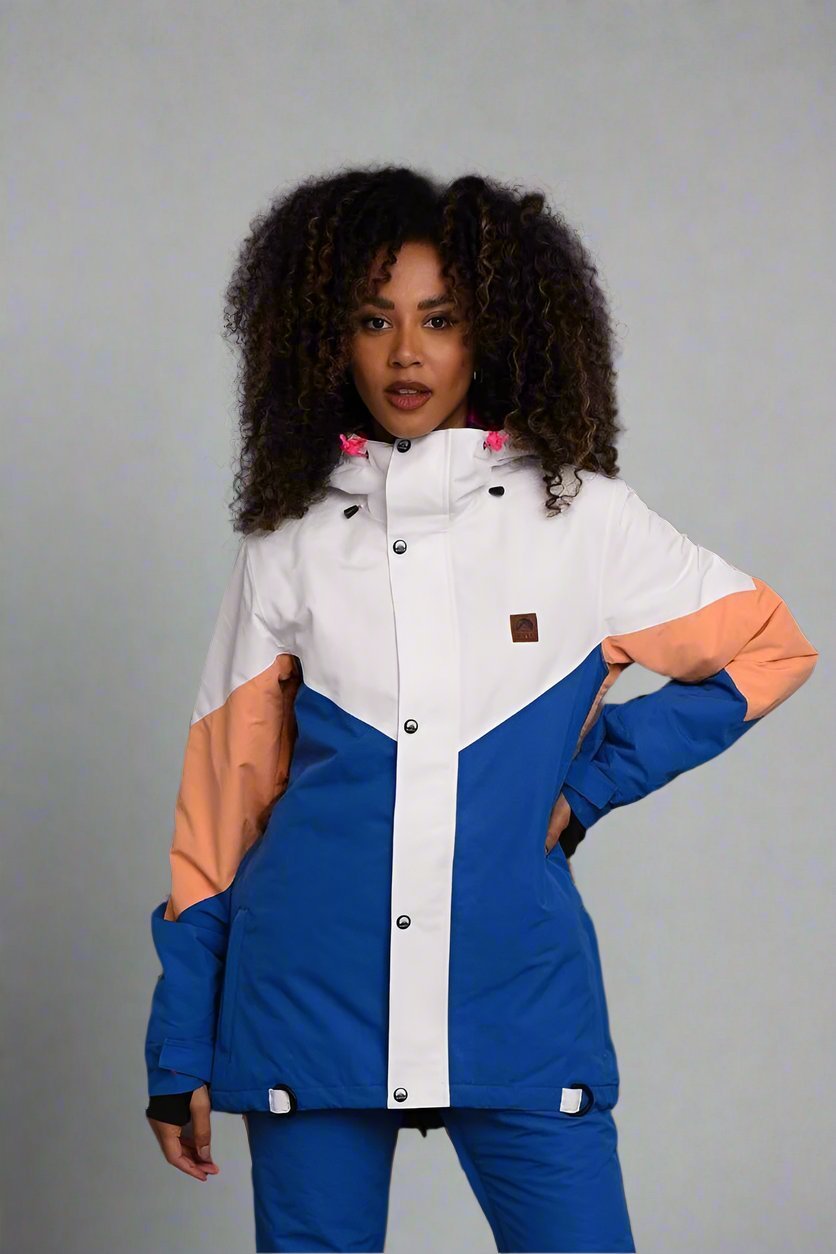 1080 Women's Ski & Snowboard Jacket - Pastel Peach, White & Blue - OOSC Clothing - USA