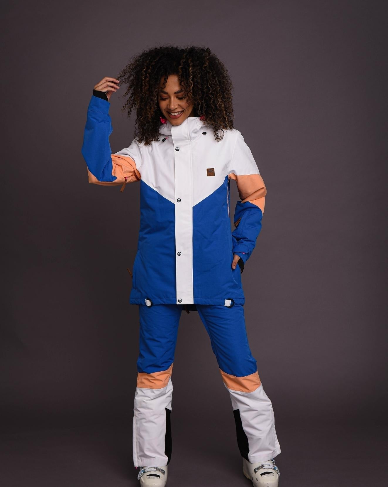 1080 Women's Ski & Snowboard Jacket - Pastel Peach, White & Blue - OOSC Clothing - USA