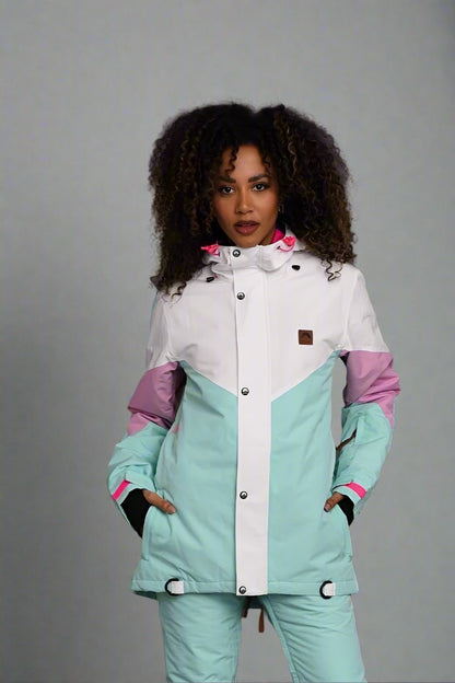 1080 Women's Ski & Snowboard Jacket - Pastel Pink, White & Pastel Mint - OOSC Clothing - USA