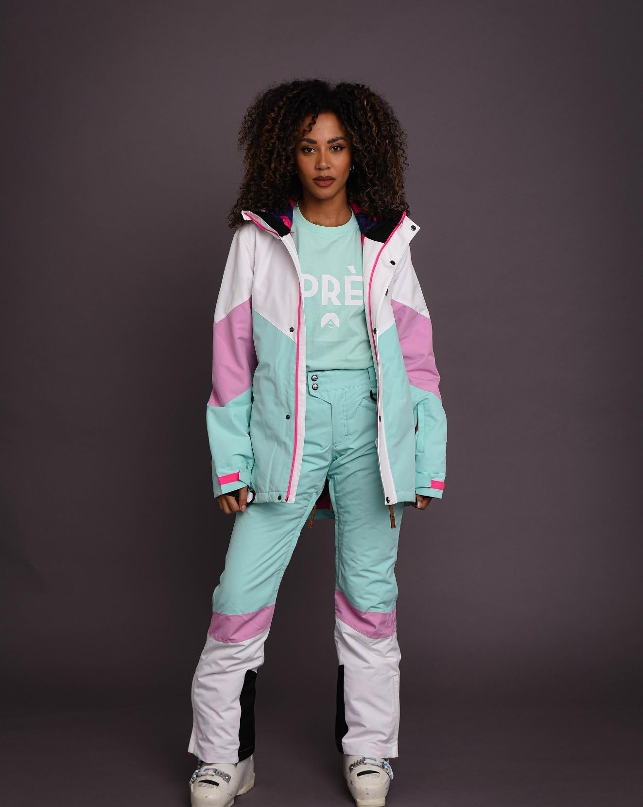 1080 Women's Ski & Snowboard Jacket - Pastel Pink, White & Pastel Mint - OOSC Clothing - USA