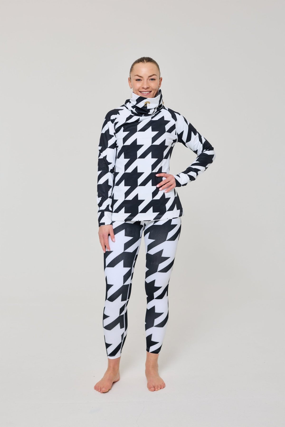 Black & White Houndstooth Women's High Neck Baselayer Top - OOSC Clothing - USA