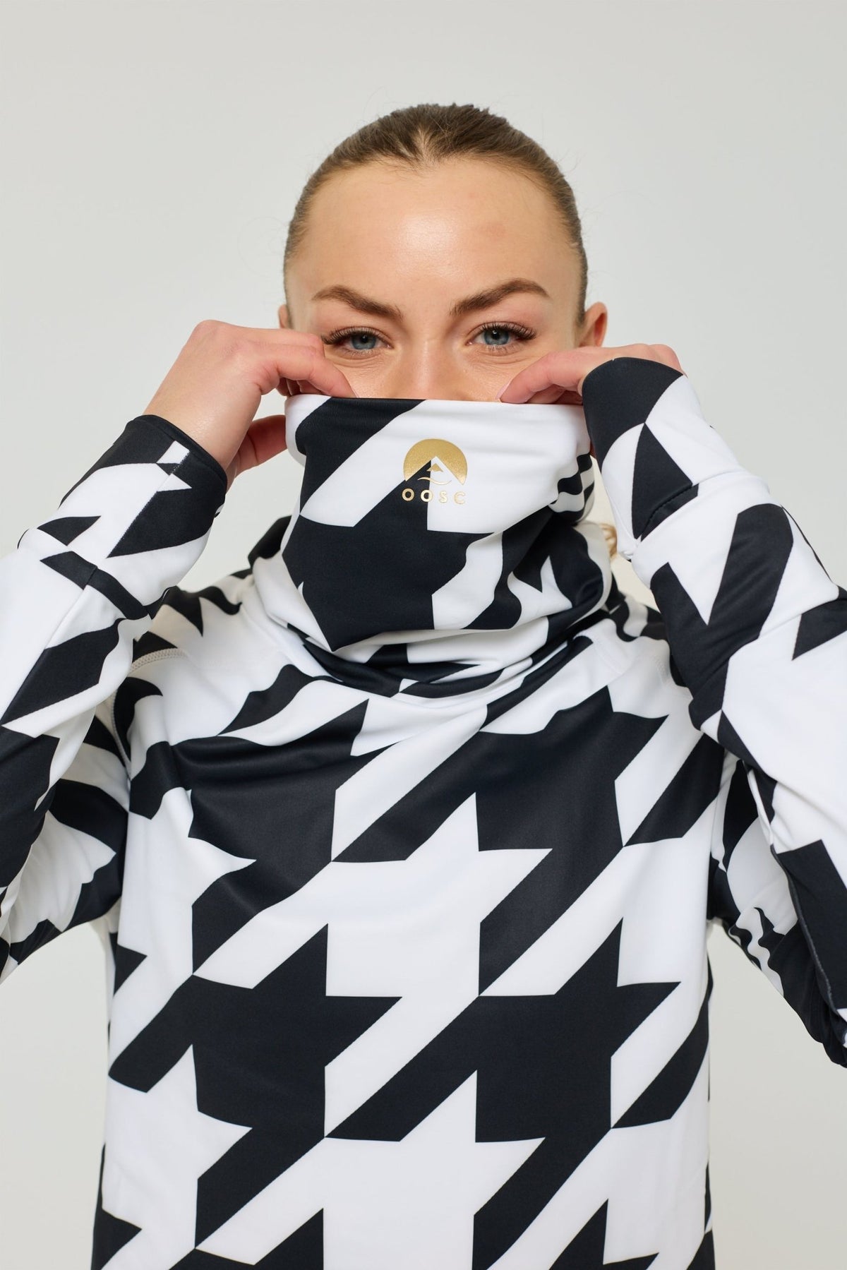 Black & White Houndstooth Women's High Neck Baselayer Top - OOSC Clothing - USA