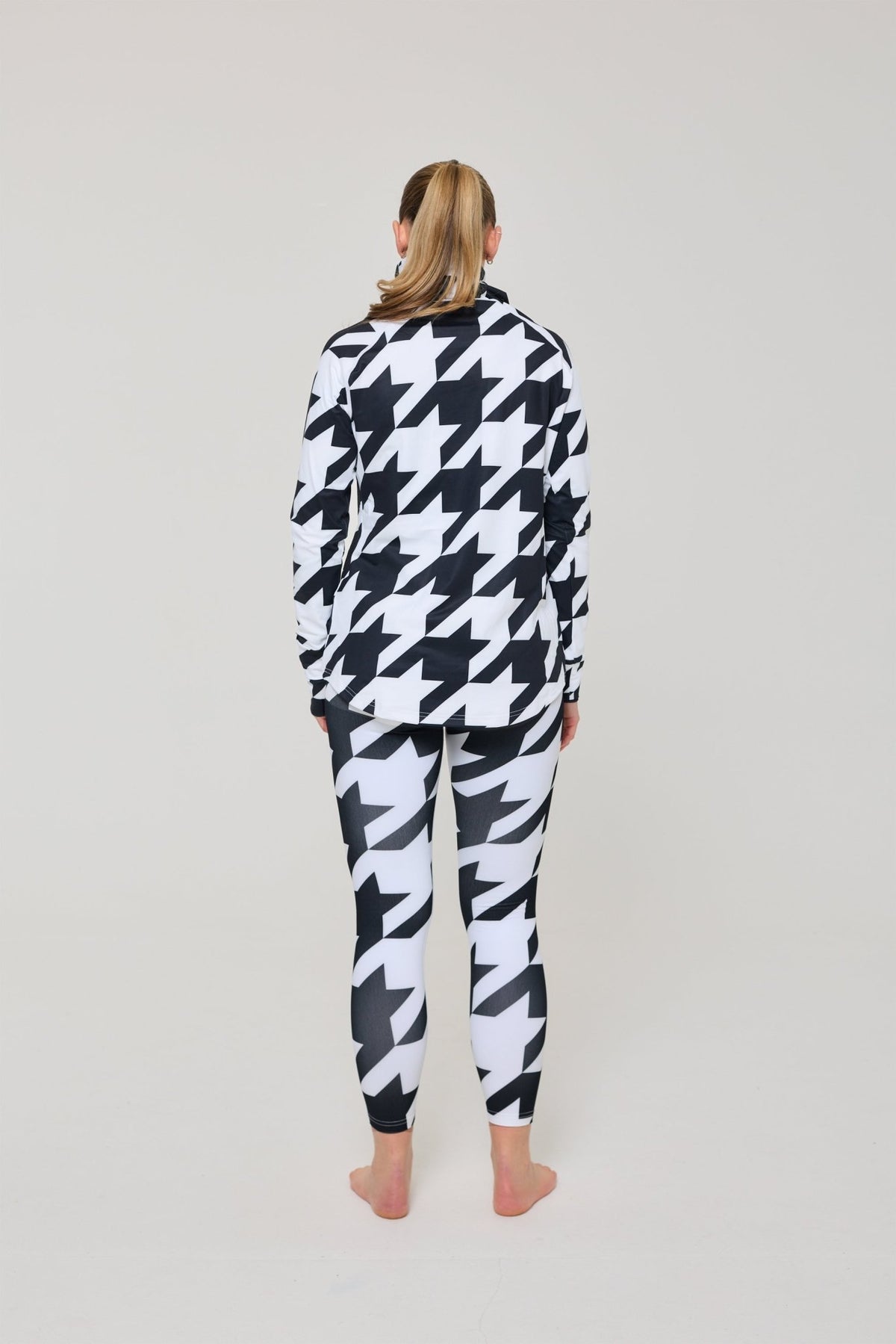 Black & White Houndstooth Women's High Neck Baselayer Top - OOSC Clothing - USA