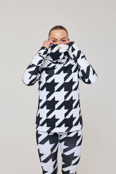 Black & White Houndstooth Women's High Neck Baselayer Top - OOSC Clothing - USA
