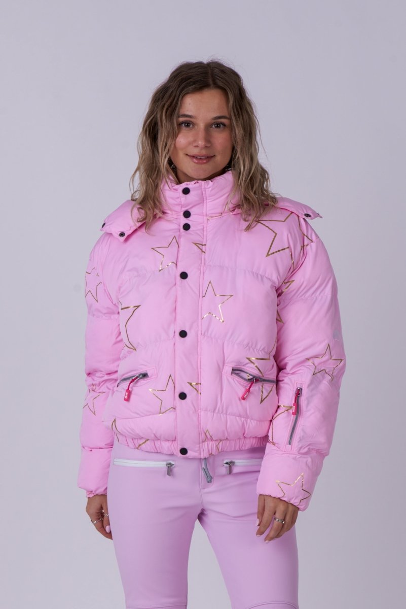 Chic Puffer Jacket - Pink with Gold Stars - OOSC Clothing - USA