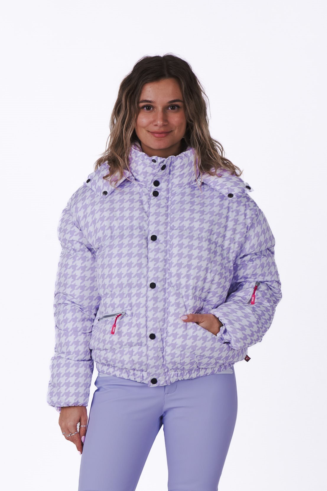 Purple Houndstooth Chic Puffer Jacket - OOSC Clothing - USA