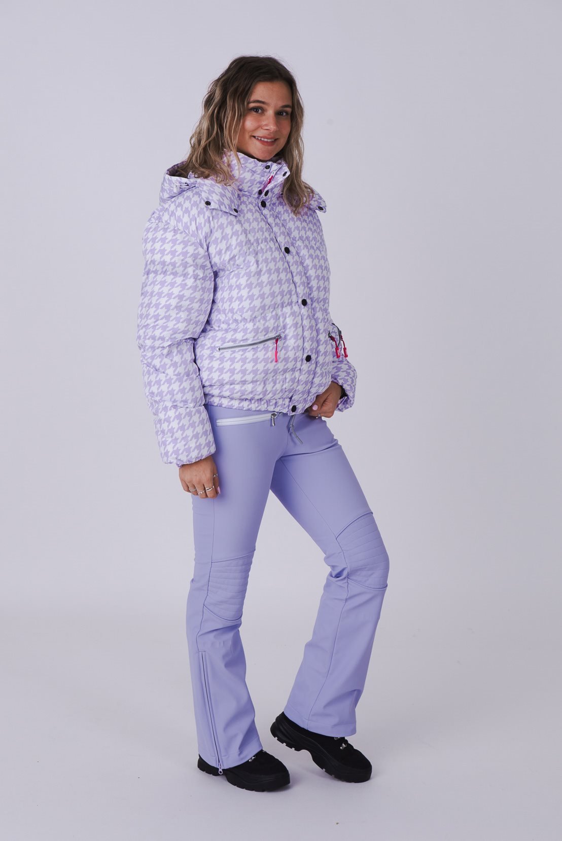 Purple Houndstooth Chic Puffer Jacket - OOSC Clothing - USA