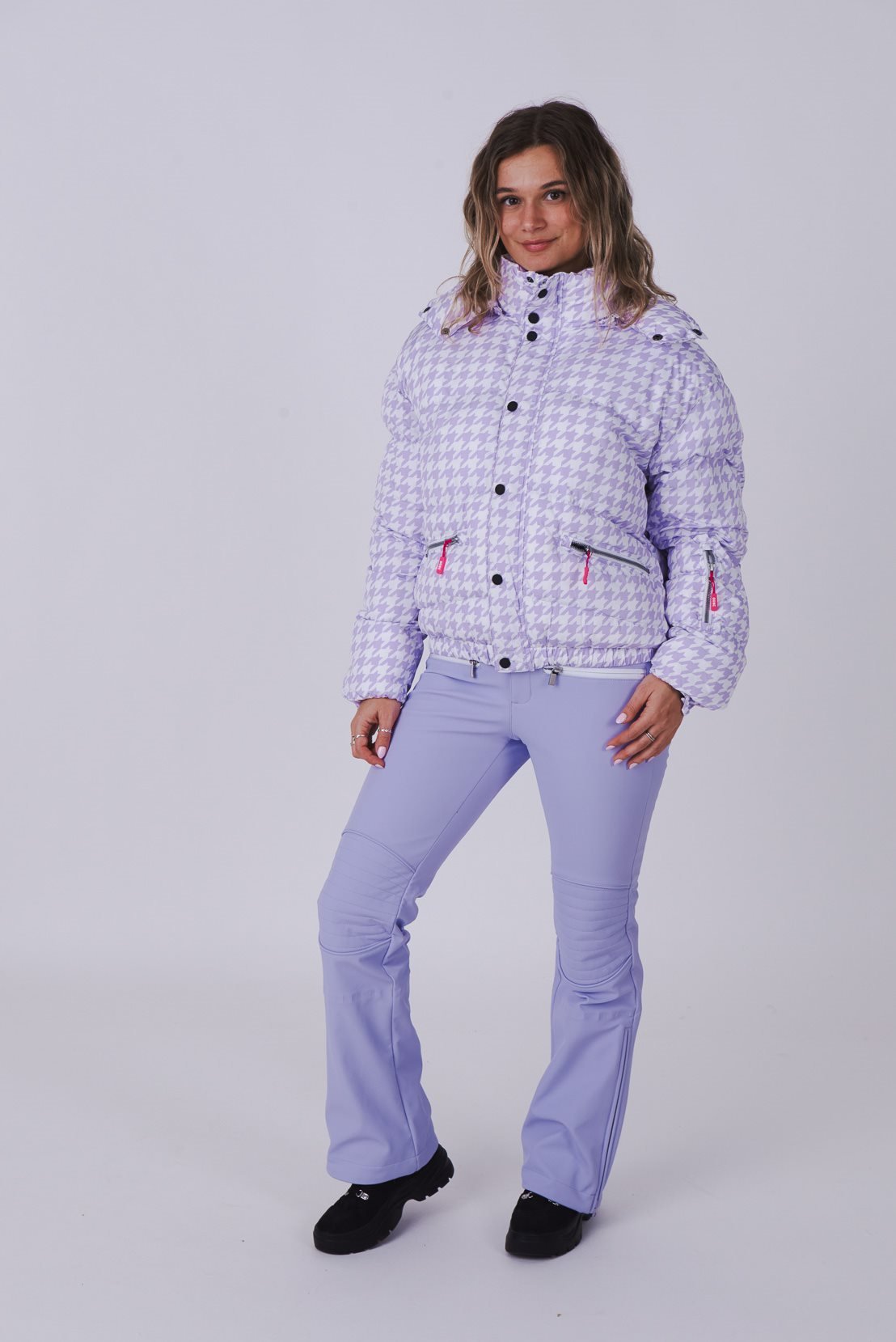 Purple Houndstooth Chic Puffer Jacket - OOSC Clothing - USA