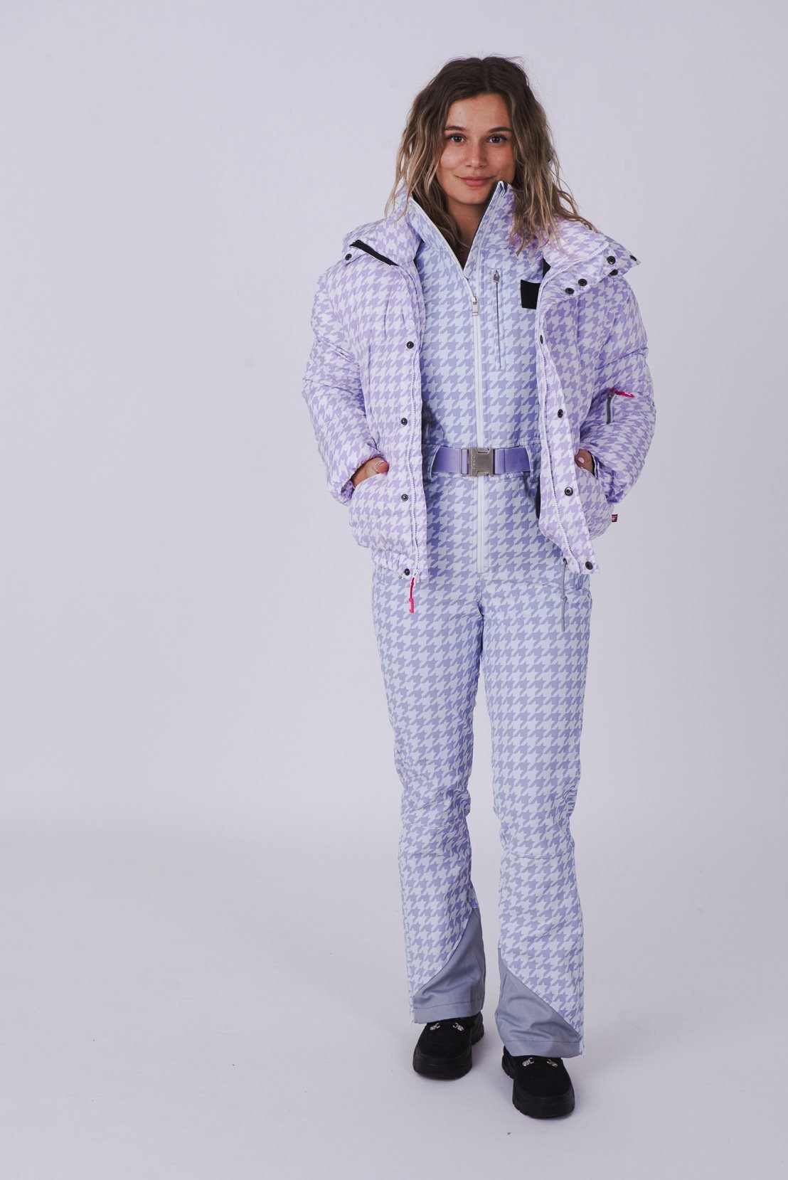 Purple Houndstooth Chic Puffer Jacket - OOSC Clothing - USA