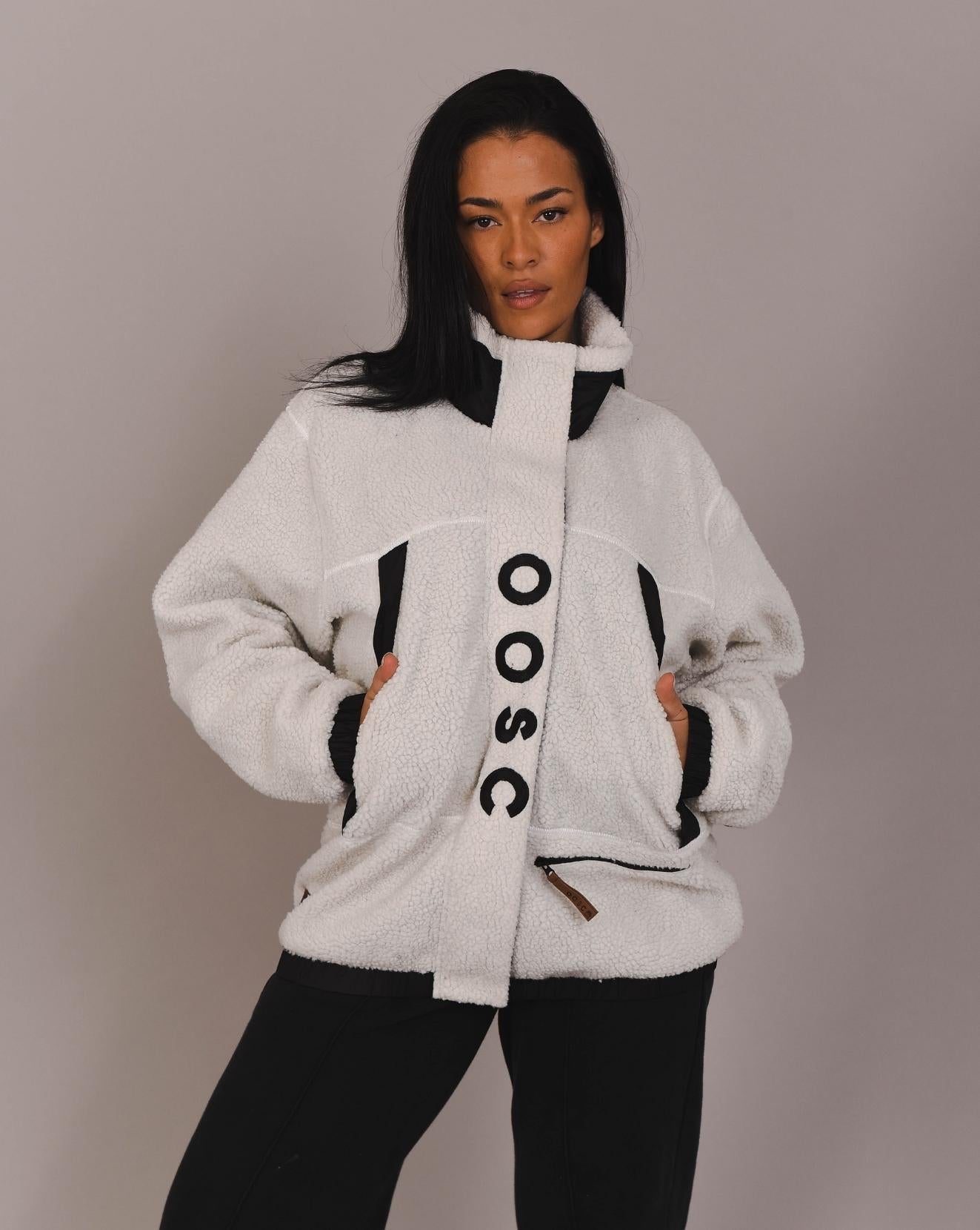 Sherpa Fleece Jacket White / Black - Women's - OOSC Clothing - USA