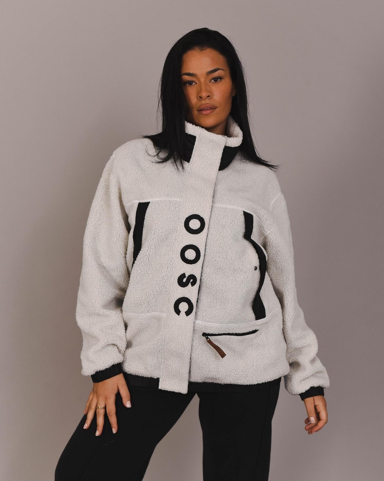 Sherpa Fleece Jacket White / Black - Women's - OOSC Clothing - USA