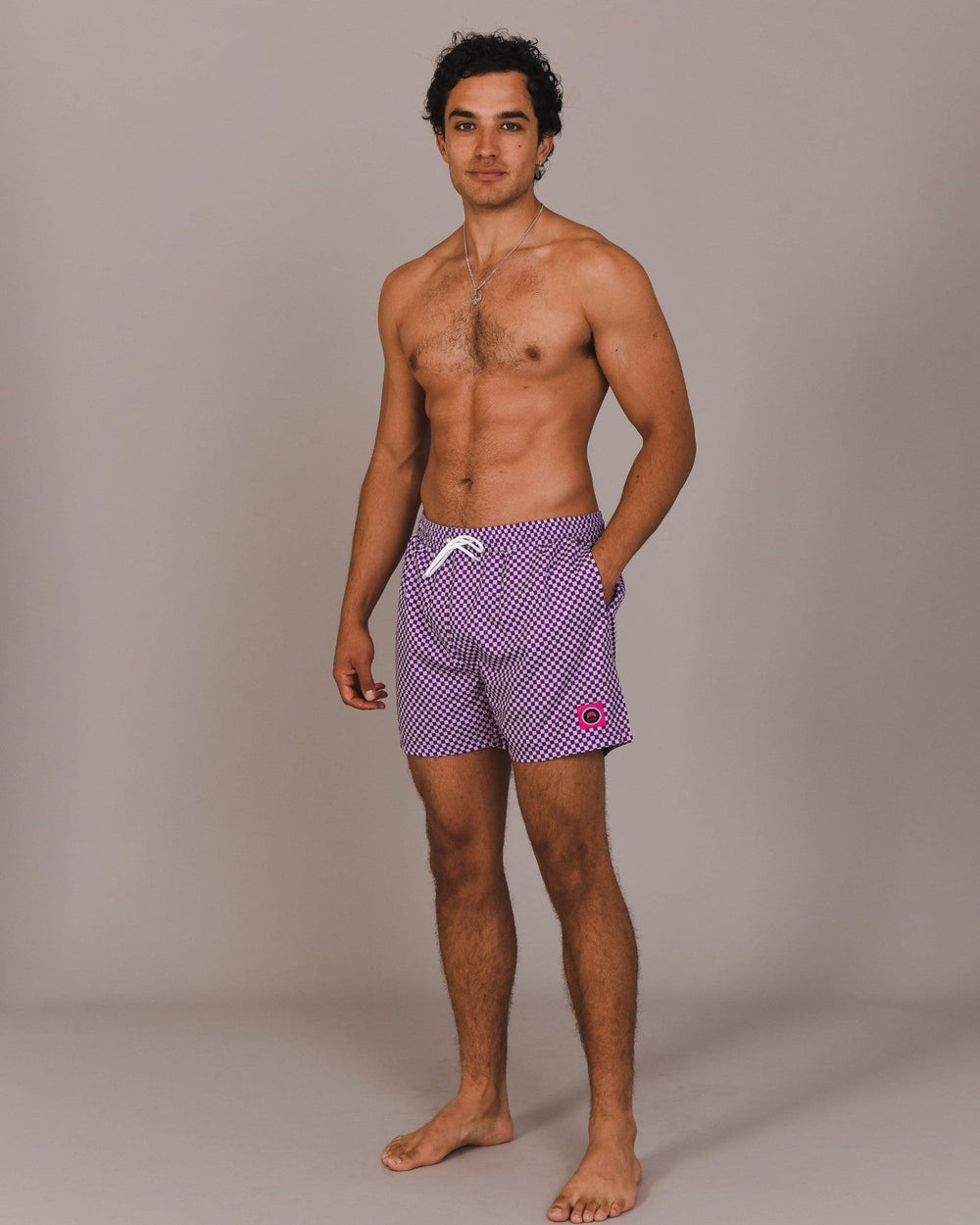 Purple Checkerboard Mens Swim Shorts
